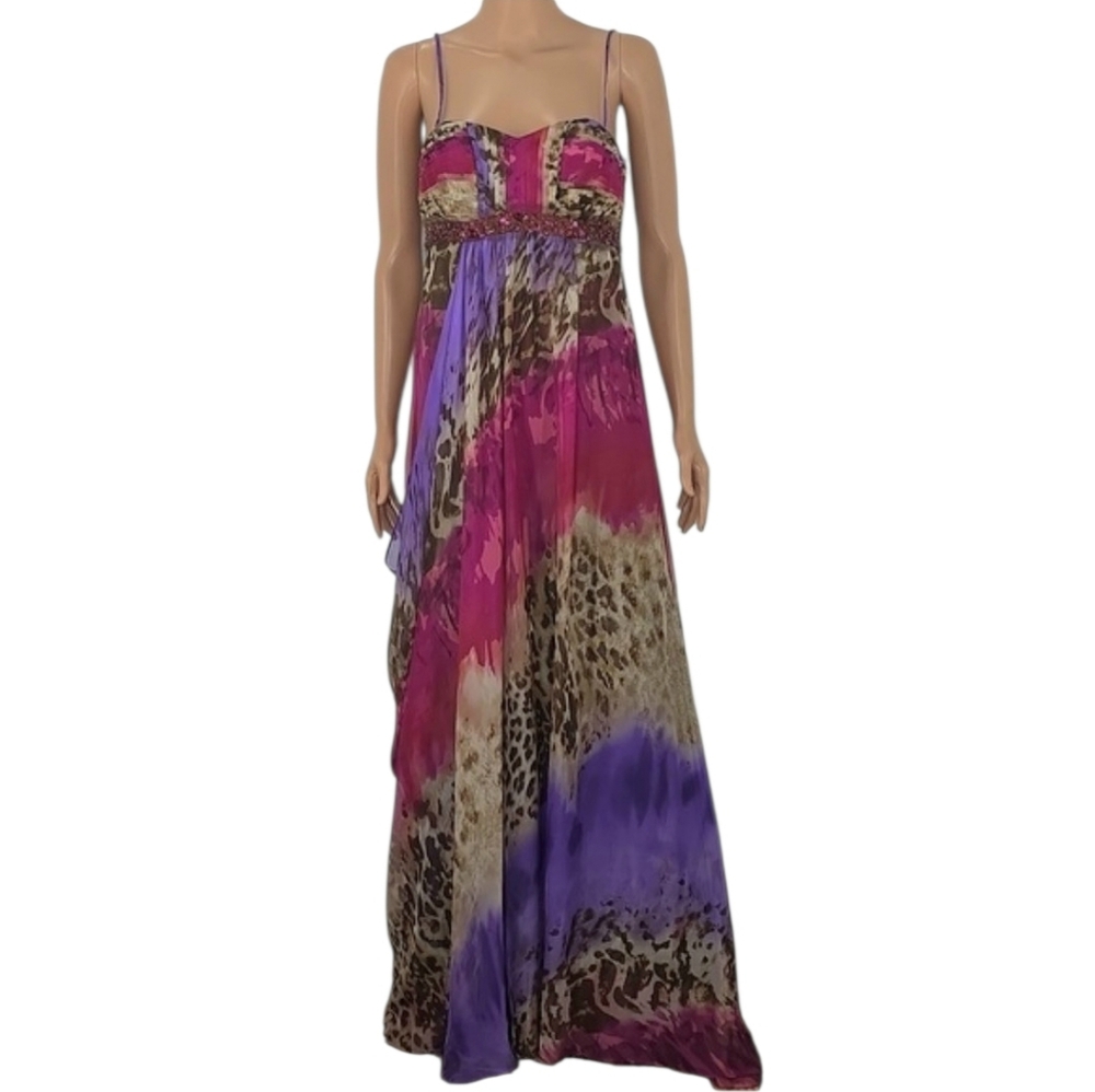 David's Bridal Pink and Purple‎ Animal-Print Maxi Dress Size 4 Small Beaded Prom - Picture 2 of 16